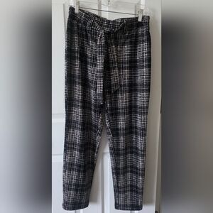 Black&White Plaid Women's Pants With Tie Front And Elastacized Back Waist Band